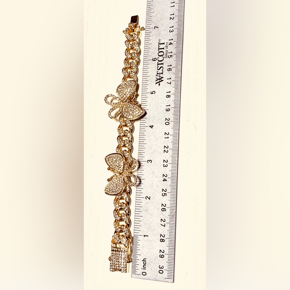 FASHION JEWELRY STAINLESS STEEL BUTTERFLY BRACELET RHINESTONE GOLD CUBAN CHAIN - Picture 7 of 14